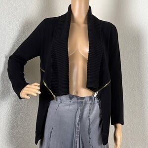 INC Black Ribbed with gold decorative zipper waterfall open front knit Cardigan